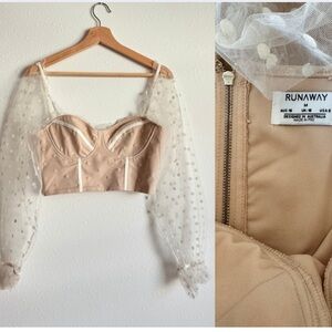Runaway Polka Dot Sheer Mesh Puff Sleeve Corset Bustier Crop Top Beige Nude M